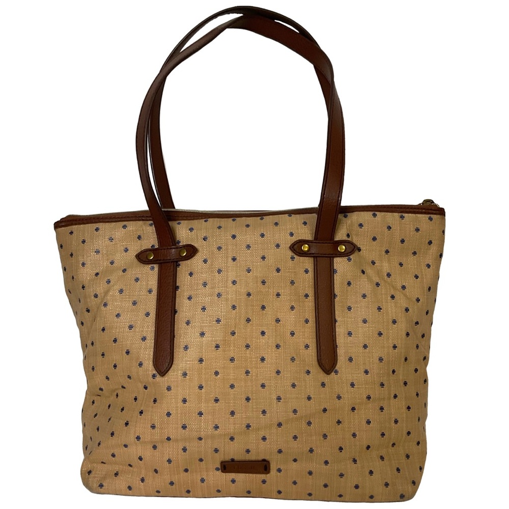 Fossil Felicity Tan Woven Tote with a Blue Dot Pattern & Brown Faux Leather Trim